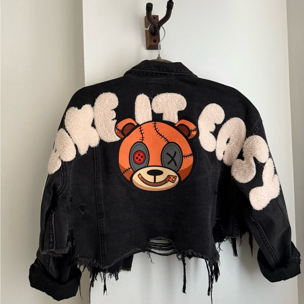 Trio New York Black Denim Jacket with Bear Patch